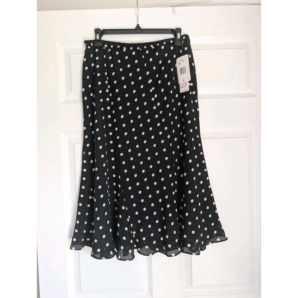 🆕 100% Silk Jones New York A-Line Midi Skirt Black Polka Dot Flowy Y2K Size 8